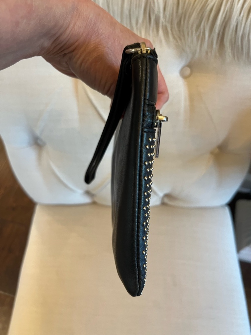 Michael Kors Lg Black Studded Wristlet Clutch Luxe Leather Zip Silver Hardware - Picture 12 of 13